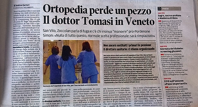 Ortopedia perde un pezzo: il dottor Tomasi in Veneto